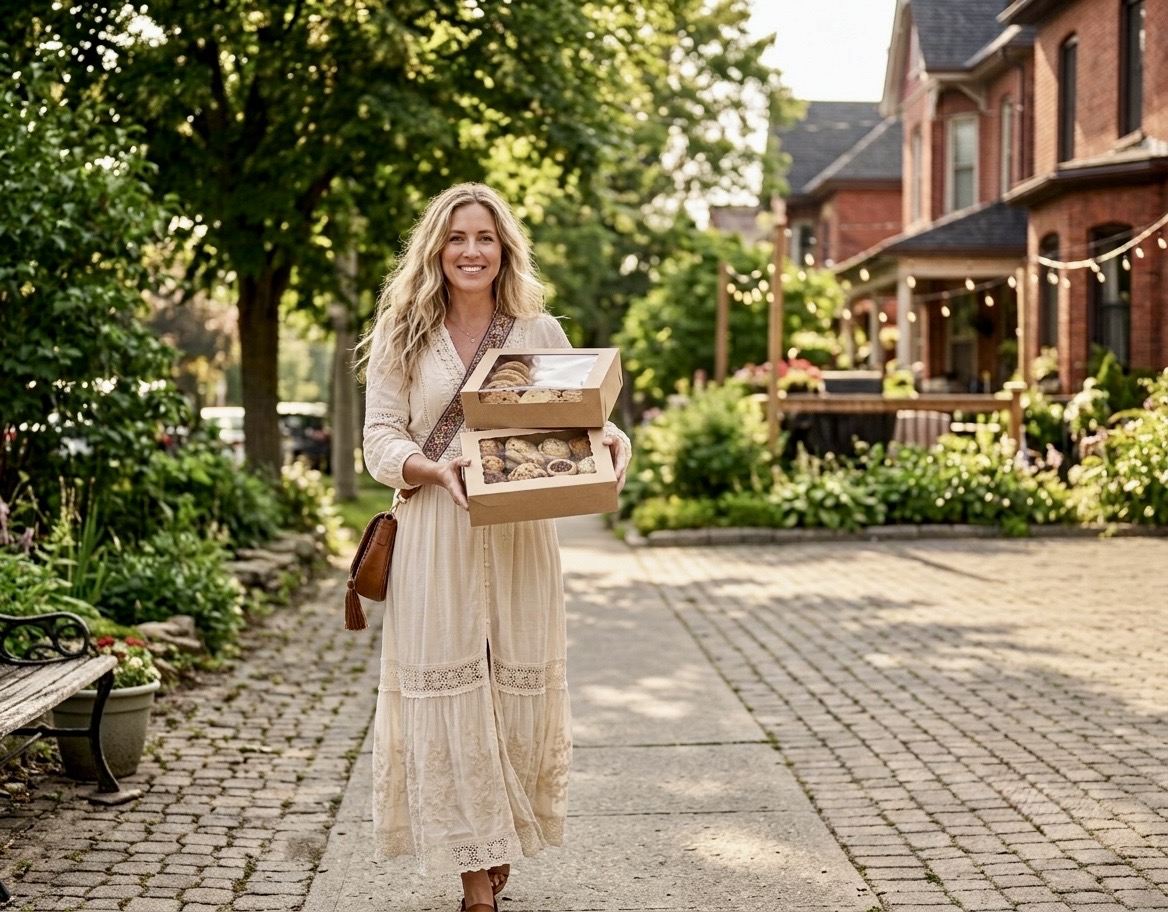 A baker walking down a tree-lined street holding boxes of fresh cookies