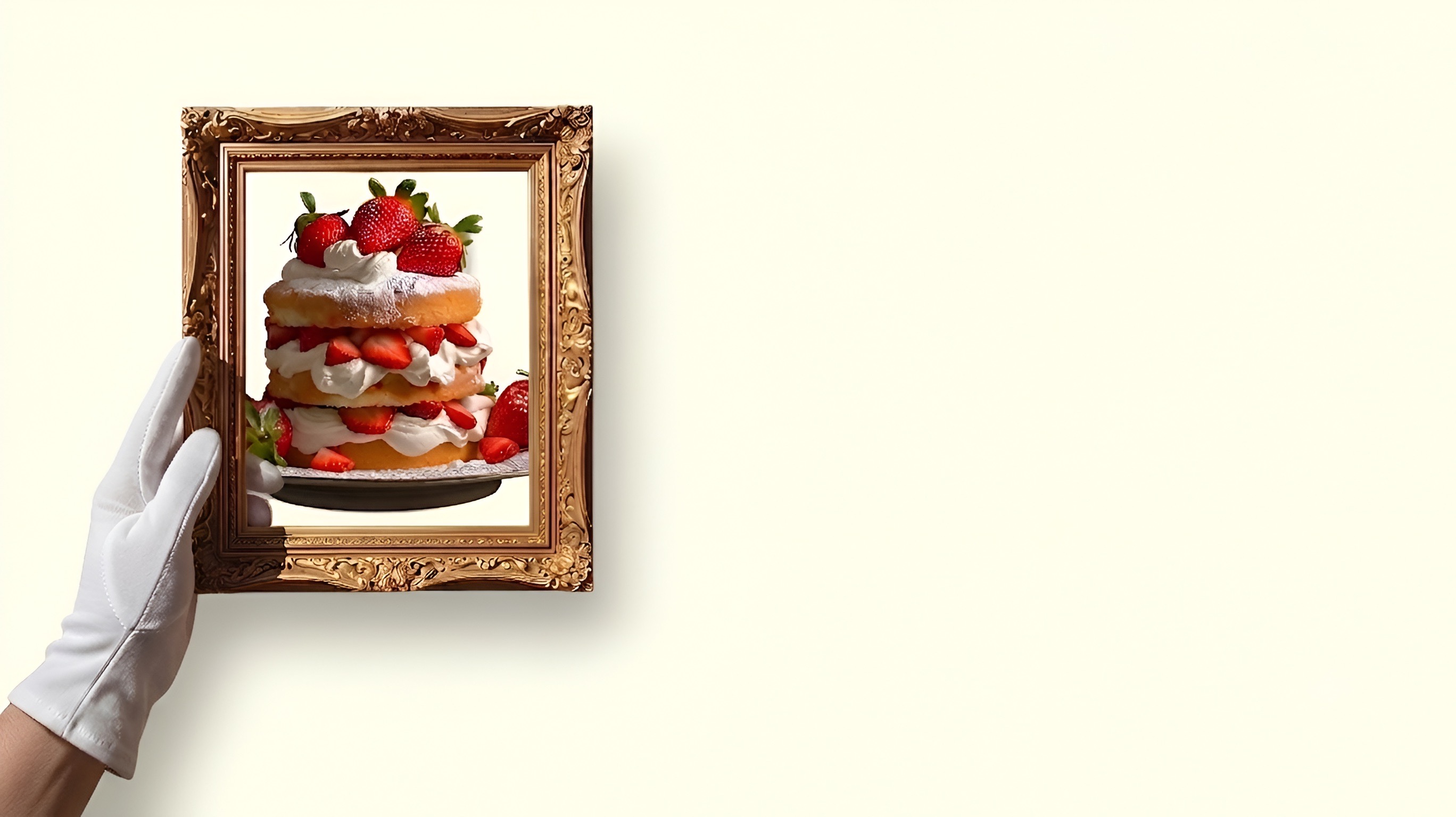 A gloved hand holding a gilded frame around a strawberry layer cake